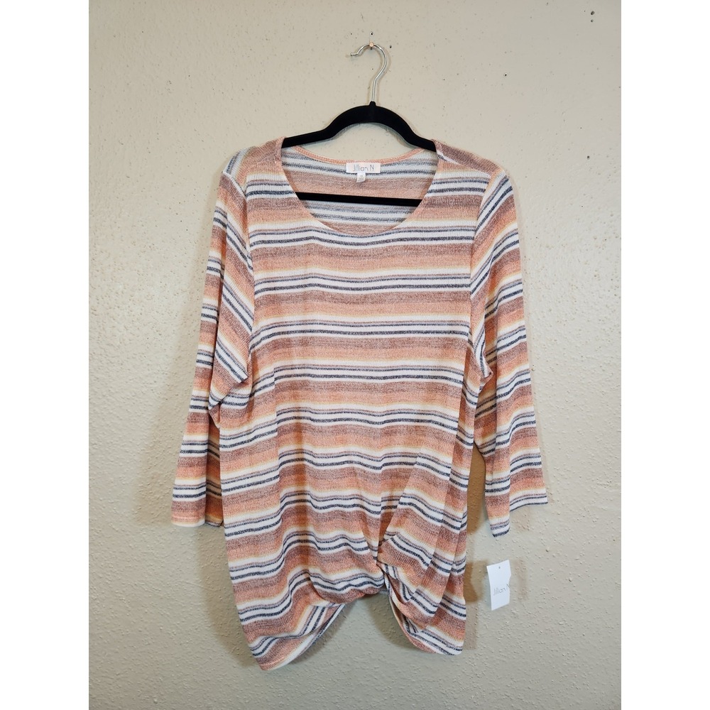 Jillian N Womens 1X Rust Striped Knit Top 3/4 Sleeve Front Knot Detail 89780